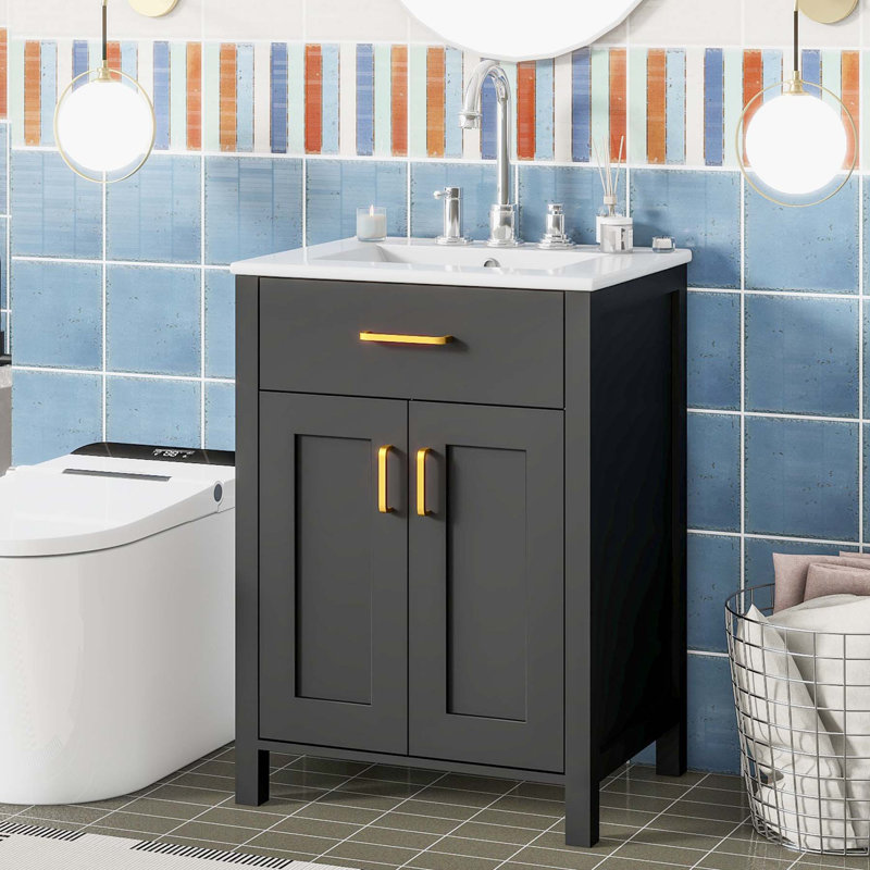 Black 24-Inch Freestanding Bathroom Vanity with Ceramic Sink