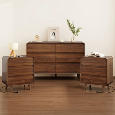 Walnut Wood Bedroom Dresser And Nightstand Set, 6 Drawer Dresser For Bedroom, Bedside Table Set Of 2, Classic Bedroom Set