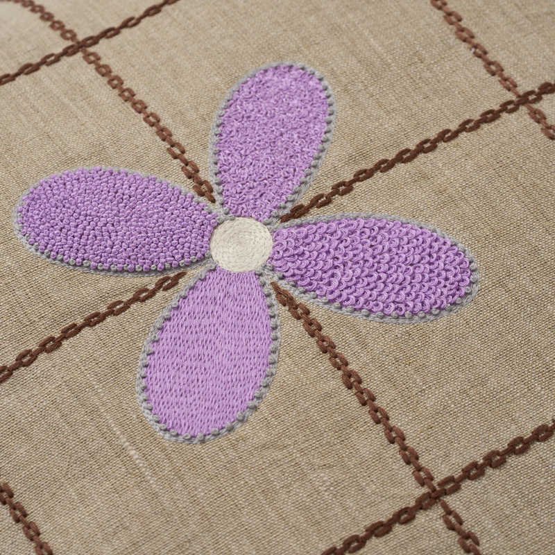 Grid & Flowers Pillow Cover 20x20 Inch, Beige;Purple