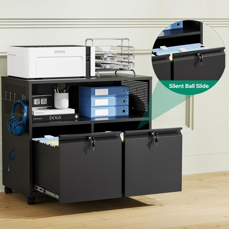 Mobile 2 Drawer File Cabinet with Lock, Black