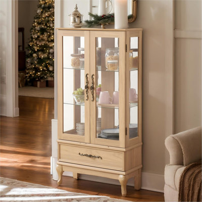  52" Lighted Curio Cabinet with Drawer, Vintage Glass Curio Showcase with 3-Tier Adjustable Shelves & Mirrored Back Panel, Light Blub Included, Wooden China Cabinet with Tempered Glass Doors for Living Room, Bedroom, Dining Room