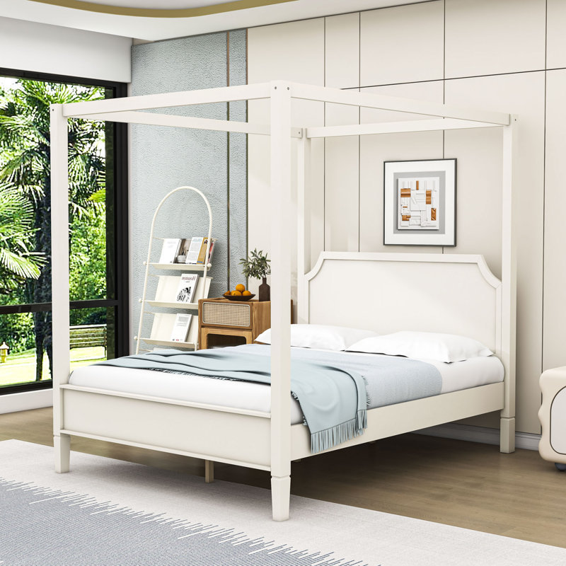 Lit plateforme à baldaquin en bois avec tête de lit, Blanc / crémeux, Grand lit