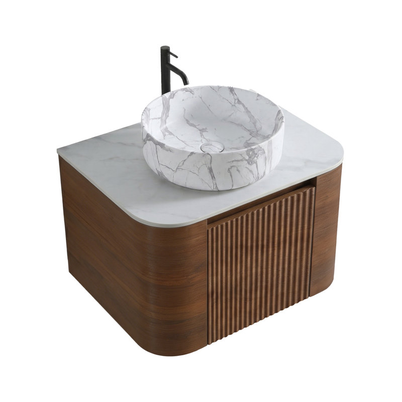 Meuble-lavabo mural de 61 cm (24 pouces) avec lavabo rond à rayures blanc Carrara et tiroir de rangement, Noyer, 24