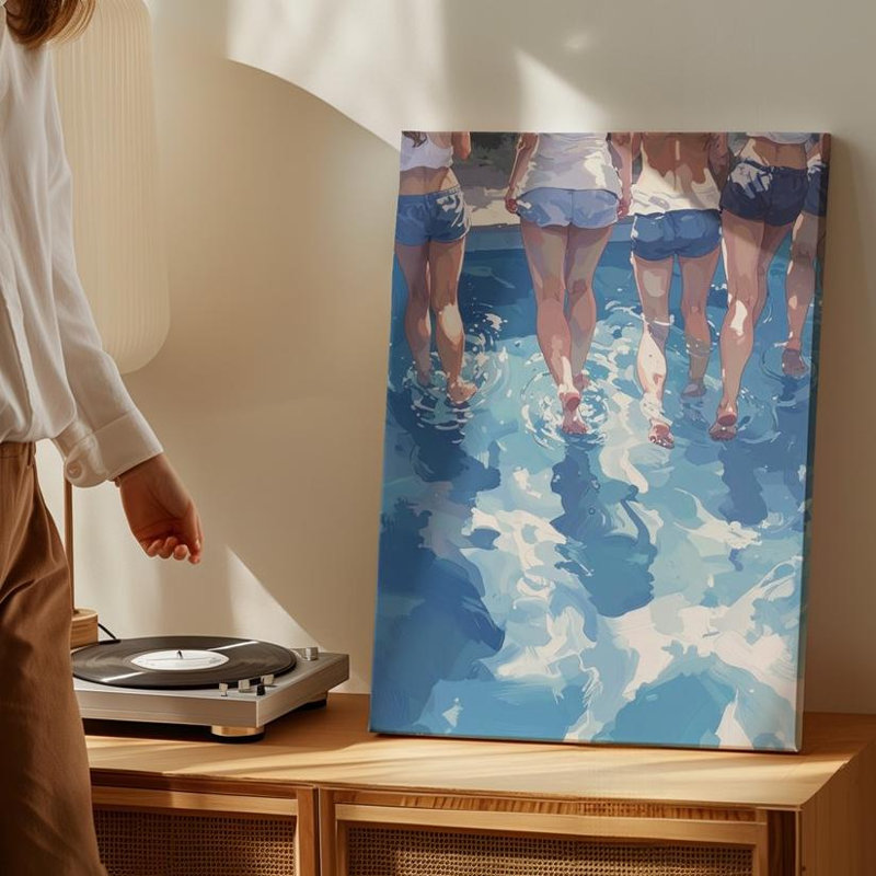 Art mural sur toile, nage synchronisée sur toile, dynamique au bord de la piscine, avec réflexion, art prêt à accrocher
