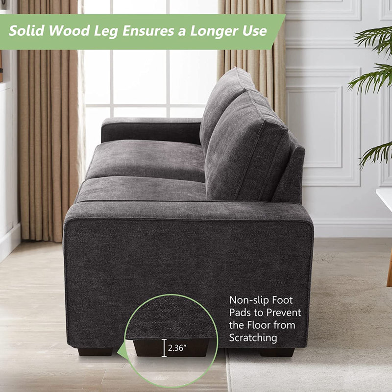 88,58 po. Canapé rembourré moderne de luxe pour salon, canapé avec structure en bois massif, Mélange de polyester gris foncé