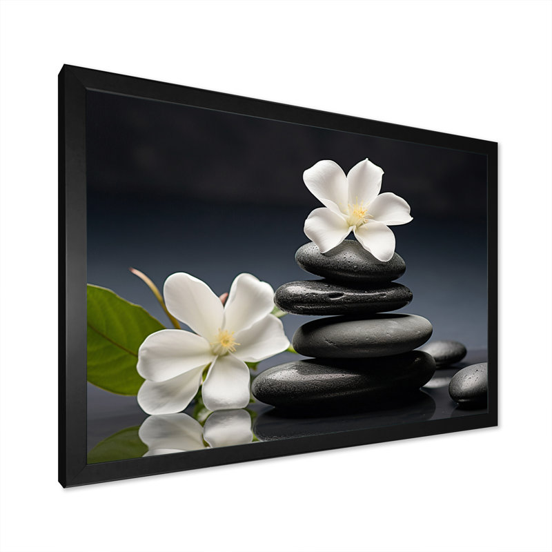 «Zen Black River Stone Blooming Magnolias», reproduction sur toile Lily, H 16 po x l 32 po x P 1 po, Cadre simple noir