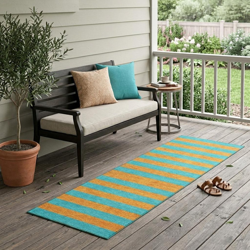 8' Runner Aqua Striped Washable Non Skid Indoor Outdoor Runner Rug