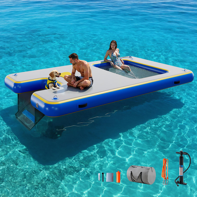 Plateforme gonflable de quai flottant avec hamac à eau et échelle détachable, 10 pi L 6 pi. L, PVC brossé, gris, Gris