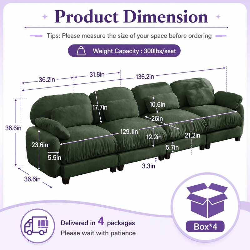 Canapé Gatton surdimensionné 4 places à effet nuage, canapé modulaire haut de gamme en chenille avec assise profonde et coussins en mousse haute résilience et ressorts, canapé de salon moderne avec coussins lombaires