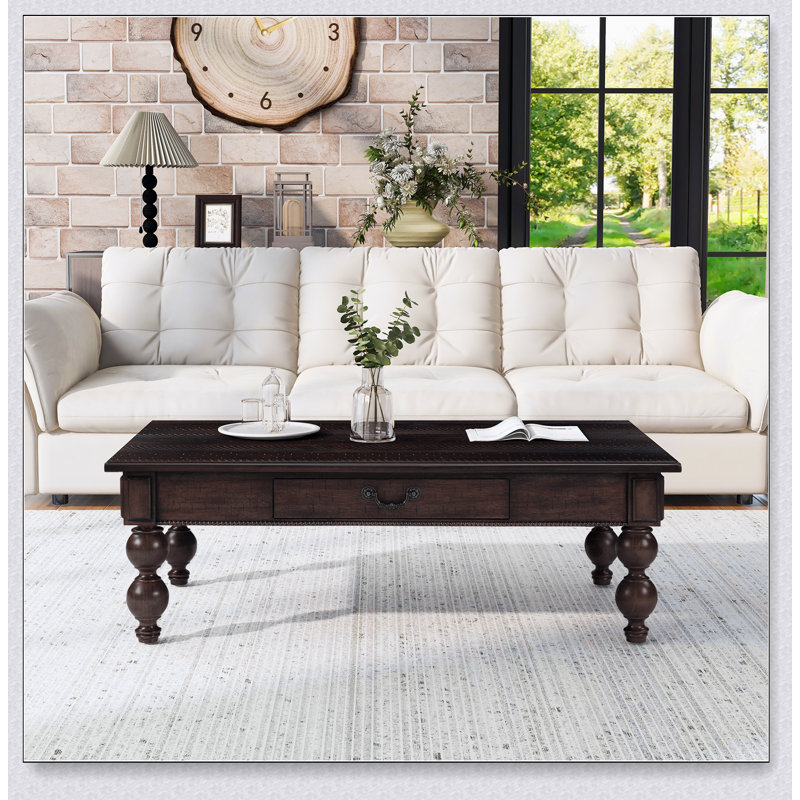 Table basse rectangulaire en bois avec rangement, style rétro avec pieds en forme de gourde pour un assemblage facile et un décor de salon