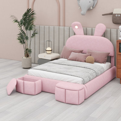 Creative Kids Bed with Cartoon Ear Silhouette Headboard and Decorative LED Light