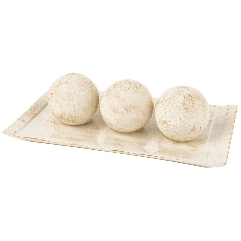 Rustic Luxe Off-White Plastic Decorative Tray and Orbs Set