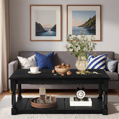 45.3''Farmhouse Wooden Coffee Table with Open Lower Shelf and Classic Turned Legs