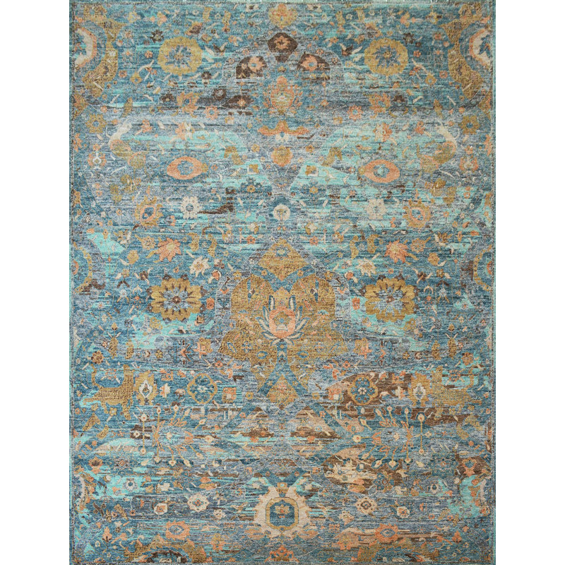 Tapis bleu et multicolore de haute qualité noué à la main, Rectangle 12 pi x 15 pi