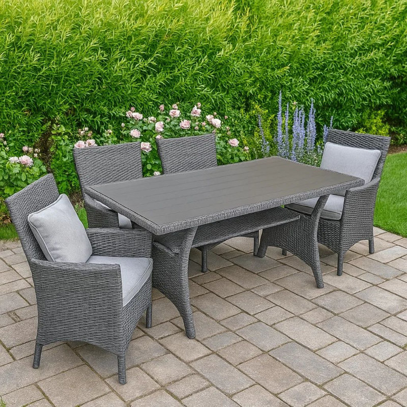 Maria Outdoor Dining Table, 57 Inch Top W/ Shelf, Gray Rattan Woven, Gray