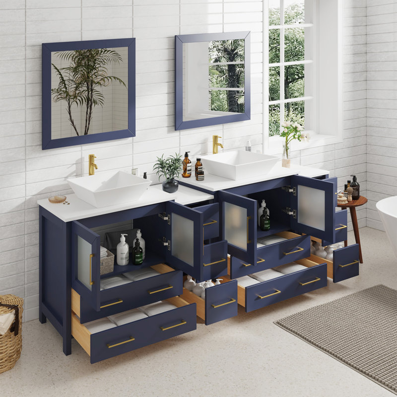  Ensemble de meuble-lavabo double 84 "avec miroir Modern, Bleu