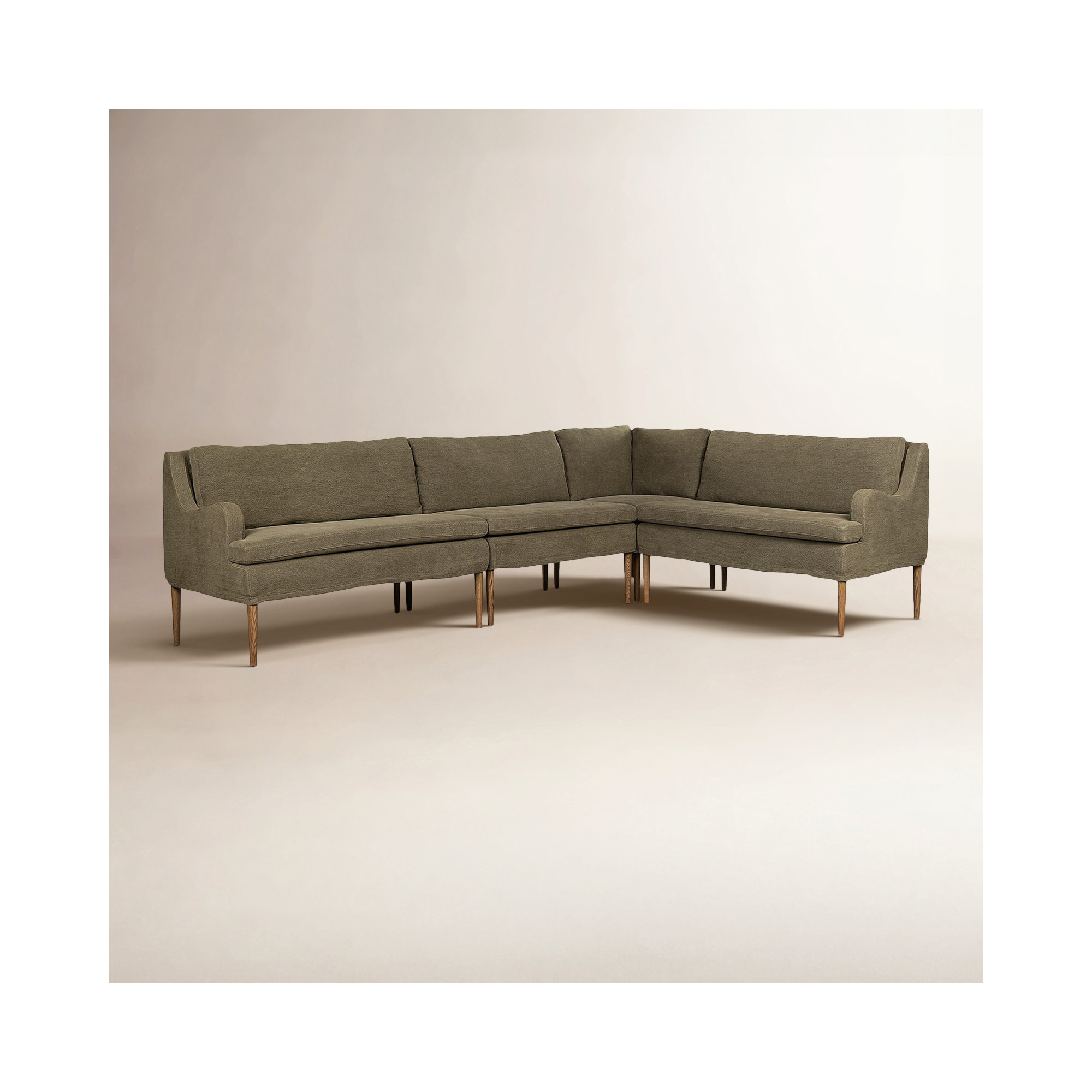 Aurelia Dining Banquette, 34.5" H x 125" W x 76" D, Broadway Olive Linen, Right Hand Facing