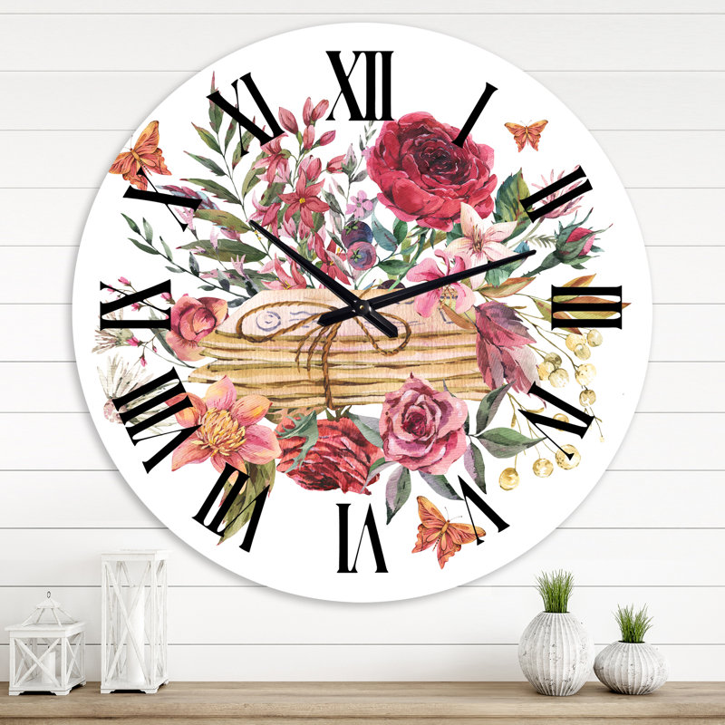 Vintage rétro avec lettres et fleurs sauvages - horloge murale maison de campagne, Surdimensionné