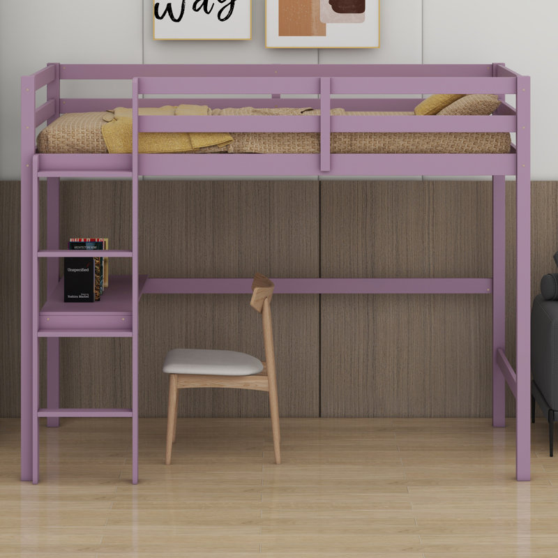 High Wood Loft Bed, With Safety Guardrail, Built-In Desk, Ladder, Pink