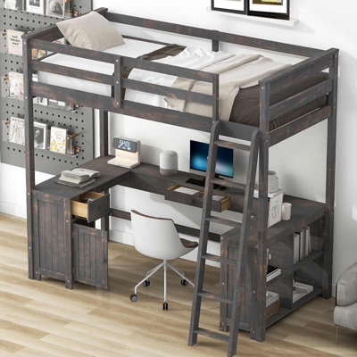 Wood Loft Bed With U-Shaped Desk, Drawers And Storage Shelves by Harriet Bee