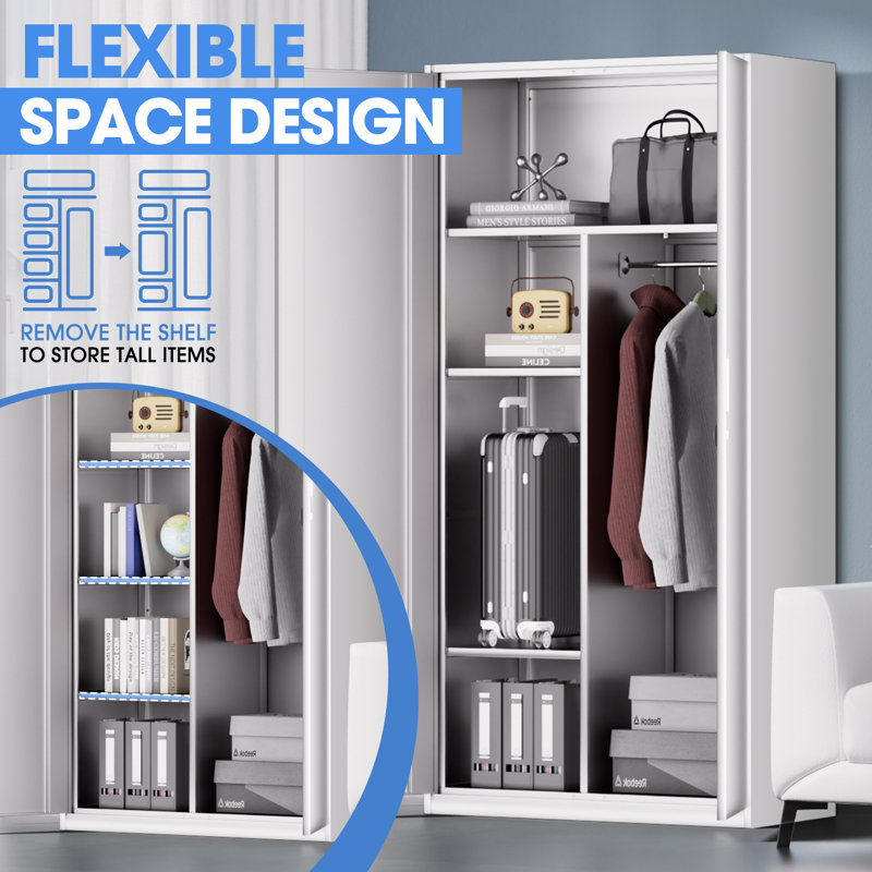 72" Lockable Heavy Duty Metal Storage Cabinet W/ Hanging Rod&Shelves, White