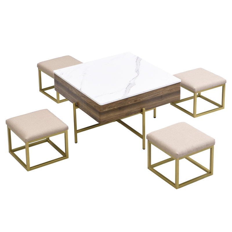 Ensemble de tables basses à plateau relevable moderne avec rangement et 4 repose-pieds blanc et noyer