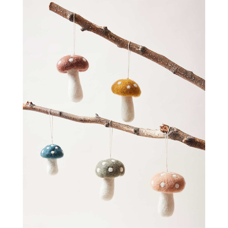 Felted Mushroom Ornament, 3.5" H x 2.5" W x 2.5" D, Brown