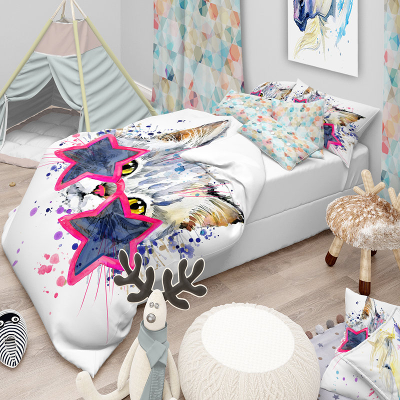 Cute Kitten with Blue Stars Microfiber Full/Queen Duvet Cover Set