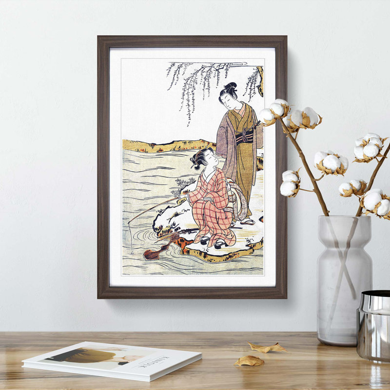 Fishing by Isoda Koryusai - Picture Frame Art Print, 65cm H x 48cm W x 2cm D, Walnut Framed