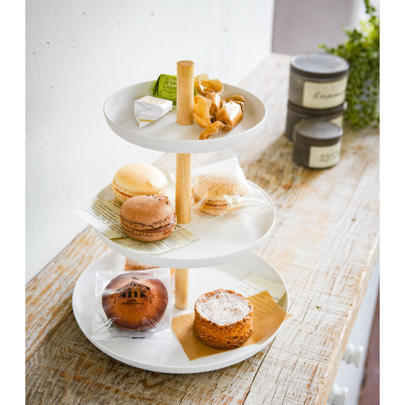Tosca Minimalist White Steel & Warm Wood 3-Tier Serving Stand