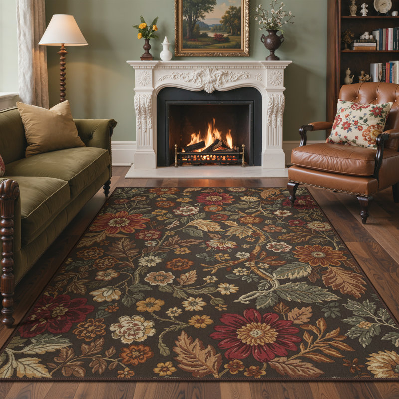 Ammons Blossom Floral Machine Washable Brown / Green / Red Indoor Area Rug With Non-Slip Backing, Round 5'