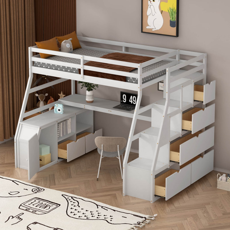 Lit mezzanine avec rangement et escalier Heiki, Blanc, Simple