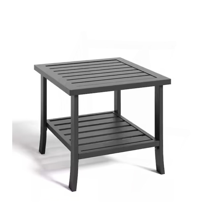 Table d'appoint d'extérieur 19 po carrée en métal noir, table de bout pour terrasse toutes saisons à 2 niveaux