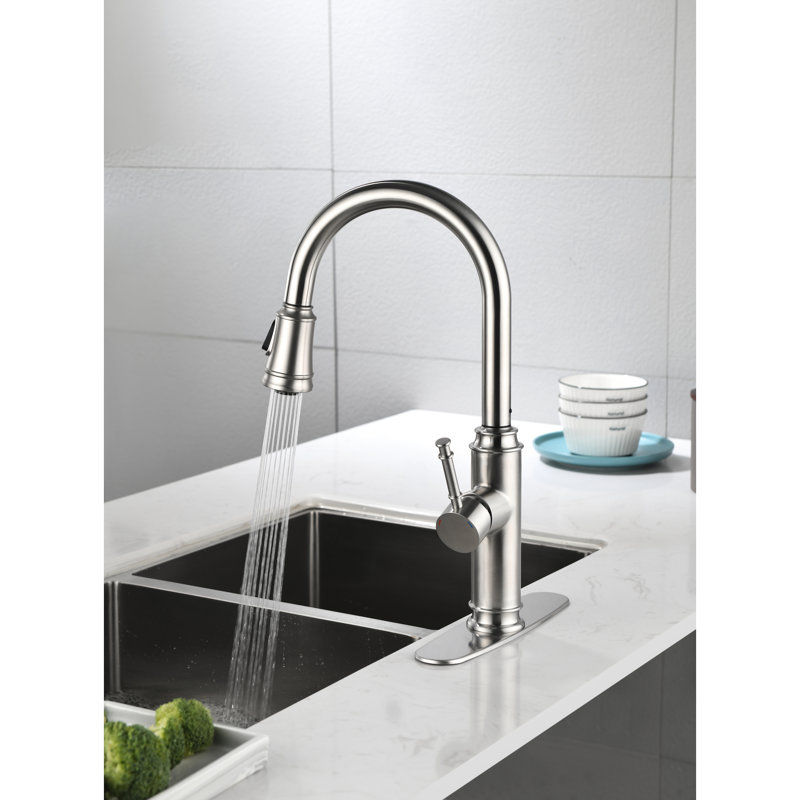 Stainless Steel Pull Out Sink Faucet, Splash- Discharge Brushed Nickel Down Construction
