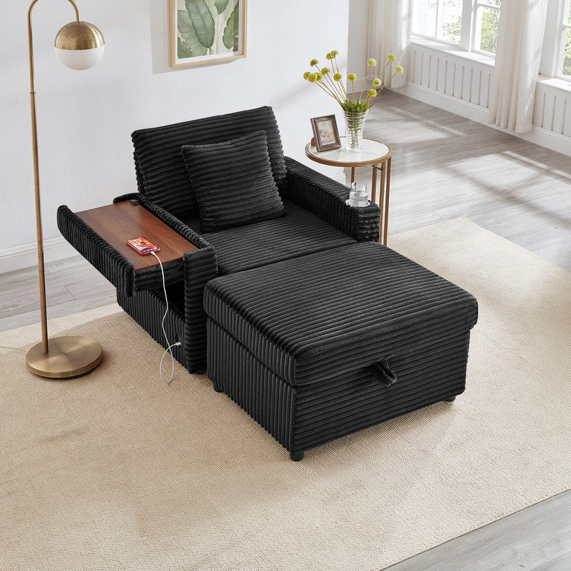 Canapé polyvalent à une place avec repose-pieds et table d'appoint, Noir