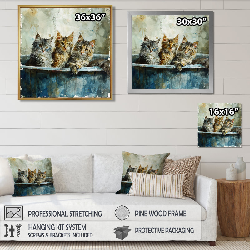 Trois chats mignons dans une baignoire - décoration murale pour salle de bain chat, Toile avec cadre noir