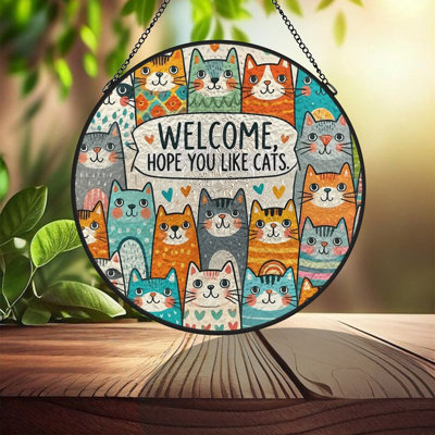 Panneaux de vitrail colorés en forme de chat de dessin animé, attrape-soleil pour la décoration de fenêtre