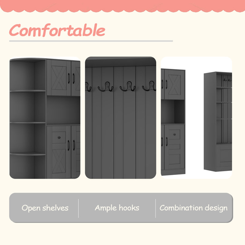 Multifunctional Left-Right Combination Hall Cabinet (Can Be Used Separately) With Storage And 4 Hooks, Storage Cabinet/ Hall Tree 2 In 1 For Living Room, Kitchen And Hallway