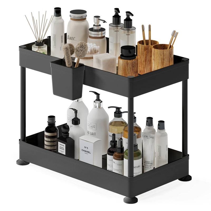 StorageBud Non-Slip Grip Kitchen Under Sink Organizer - Bathroom Cabinet Organizer with Side Caddy, Black, 1 Pack