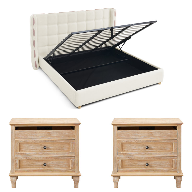 Ensemble de chambre à coucher 3 pièces, lit gaufré à oreilles King Chenille avec système hydraulique et 2 tables de chevet de ferme avec ports USB et Type-C 