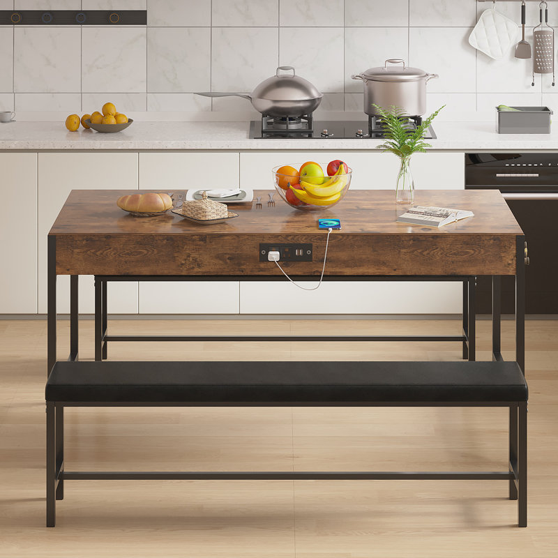 65" Dining Table Set With Power Outlet For 4-6, 3-Piece Kitchen Table With 2 Utensil Drawers, 2 Benches,  Wine Rack & Charging Station For Small Space