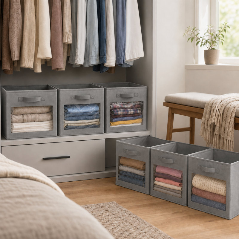 Storage Cubes with Clear Windows, Set of 6 Fabric Bins, Foldable Basket Boxes for Closet, Cubby Shelf & Cube Storage Organizer