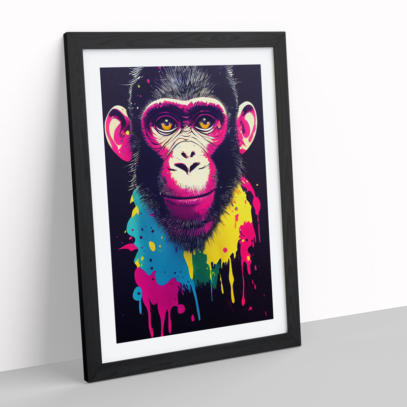 XV1022-3348X Painted Monkey No.5 - Single Picture Frame Painting, 64cm H x 46cm W x 2cm D, Black 