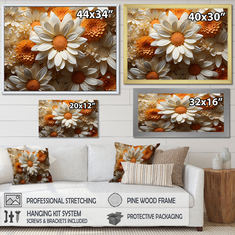 Marguerite blanche et orange, sérénade - marguerites, art mural, H 24 po x l 32 po x P 1 po, Cadre flottant brun