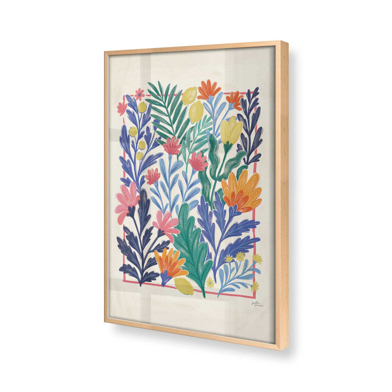 " Tropical Floral Delight III ", Raw Maple Framed, 11" H x 9" W
