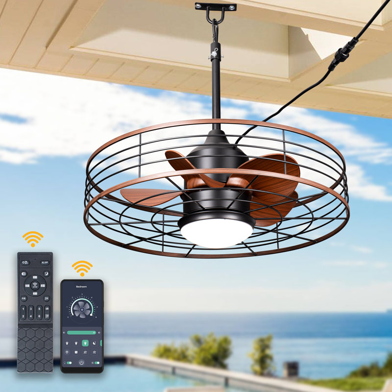 Ventilateur de plafond extérieur imperméable de 24 po avec ensemble d'éclairage à DEL à intensité variable, télécommande à 6 vitesses à moteur CC à brancher et commande APP
