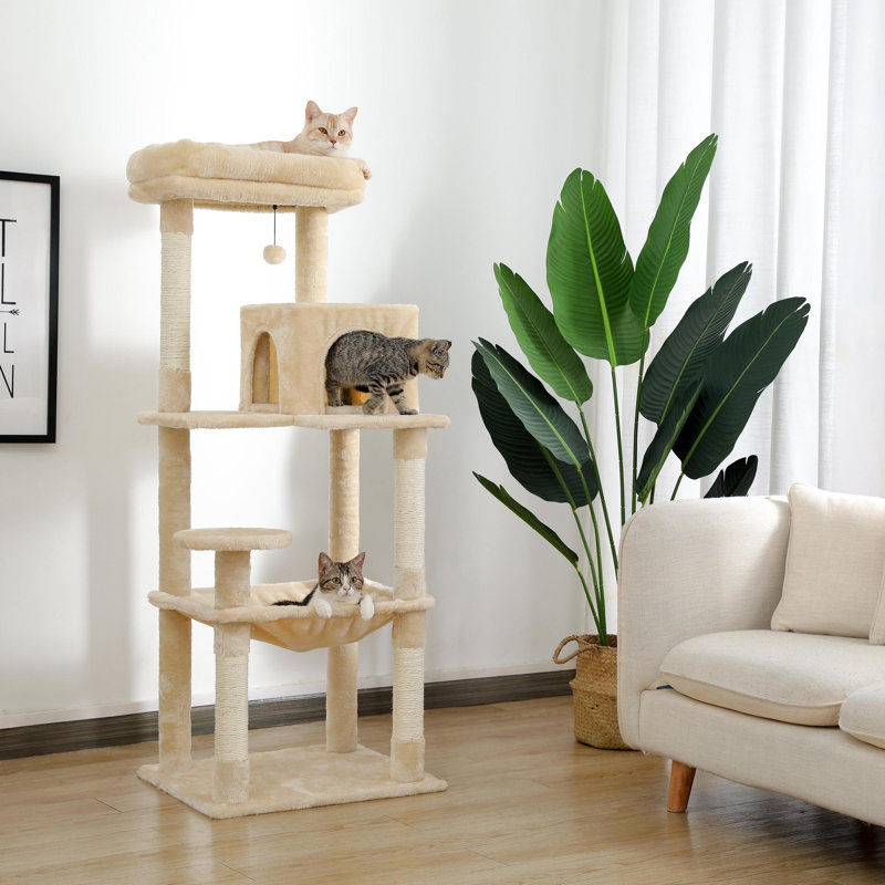 Arbre à chat d'intérieur de 56,3 pouces, tour pour chat à plusieurs niveaux avec hamac très grand, grattoir recouvert de sisal, appartement confortable et perchoir supérieur