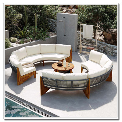 3-Piece Outdoor Semi-Circle Sofa Set with Acacia Wood Coffee Table
