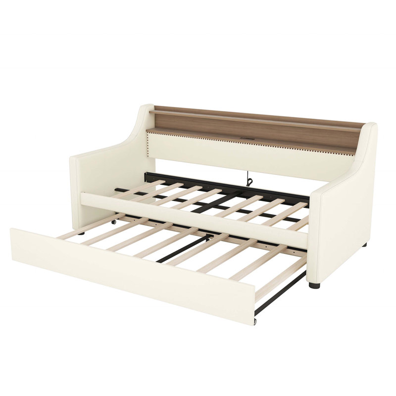 Daybed with Trundle, Upholstered Daybed with Charging Station and LED Lights, White