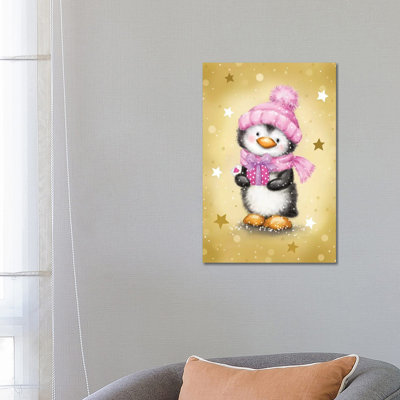 Penguin With Pink Package by MAKIKO - Wrapped Canvas Painting